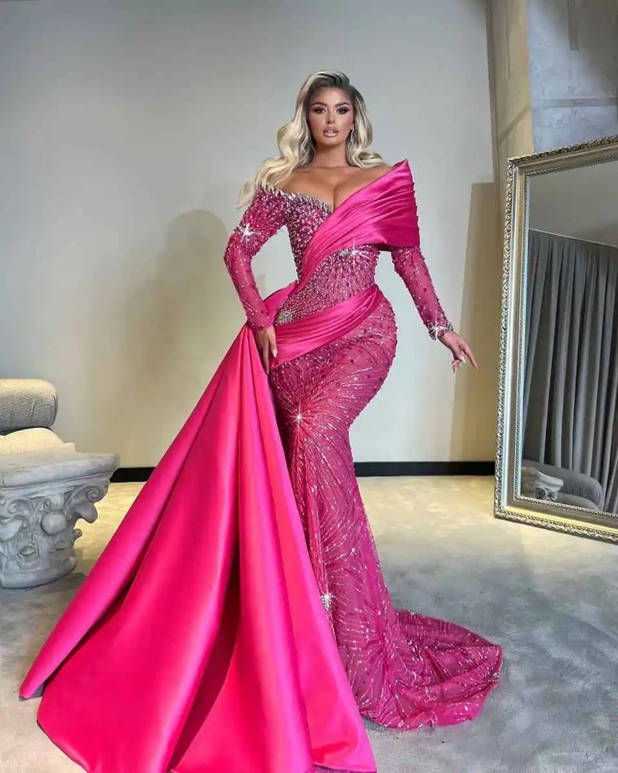 Gorgeous Mermaid Evening Dress Off Shoulder Sequined Crystal Prom Gowns Sparkly Beaded Floor-Length Party Dresses Customized