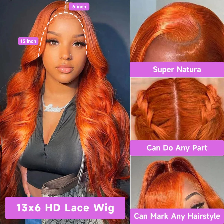 Orange Ginger Real Human Hair Wig 360 Lace Frontal Wigs 13x4 HD Lace Front Wigs Body Wave 13x6 HD Lace Frontal Wigs For Women