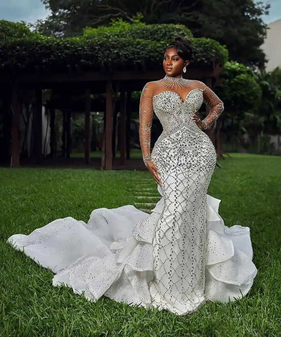 Luxury Mermaid Wedding Dress O Neck Long Sleeve Crystal Beaded Bride Gowns Tiered Sweep Train Tulle Bridal Dresses Customized