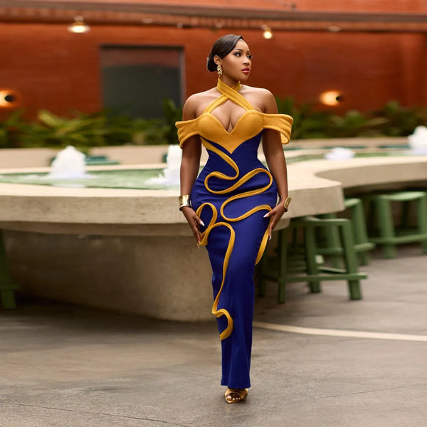 Couture High Stretchy Sheath Ankle Length Women Dresses Sexy Halter Multi Color African Party Dress