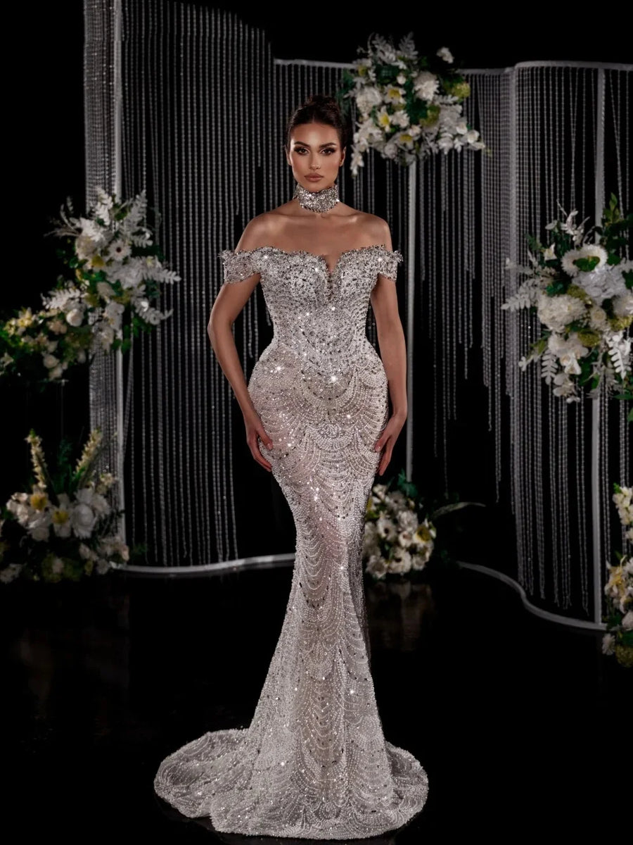 Exquisite Off The Shoulder Mermaid Wedding Dress Elegant Beading Crystal Bridal Gown Floor Length Lace Bride Dresses Customized