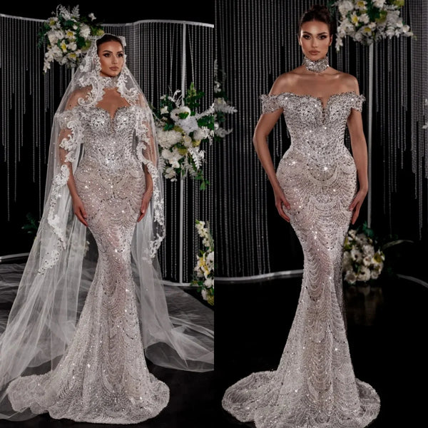 Exquisite Off The Shoulder Mermaid Wedding Dress Elegant Beading Crystal Bridal Gown Floor Length Lace Bride Dresses Customized