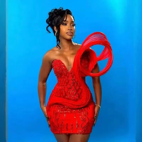 Short Sequins Mini Prom Gown Sheath Pleated Drap Shoulder Party Prom Dress Sexy Red Prom Dresses  vestidos de graduación