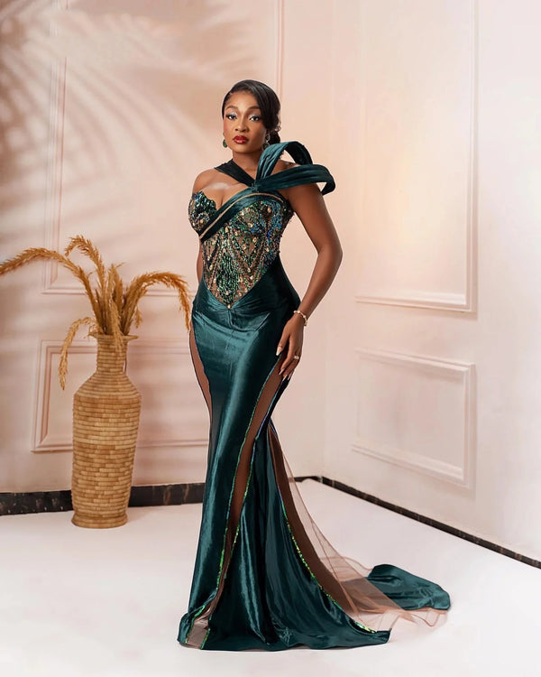 Beaded Crystals Evening Formal Party Second Engagement Birthday Gowns Dresses ZJ123  Aso Ebi Dark Green Mermaid Prom Dresses