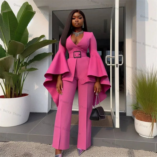 Pink Women Suit Set 2 Piece Blazer Pants Trouser Flare Big Sleeve Formal Office Lady Jacket Cotton Wedding Bride Coat Customized