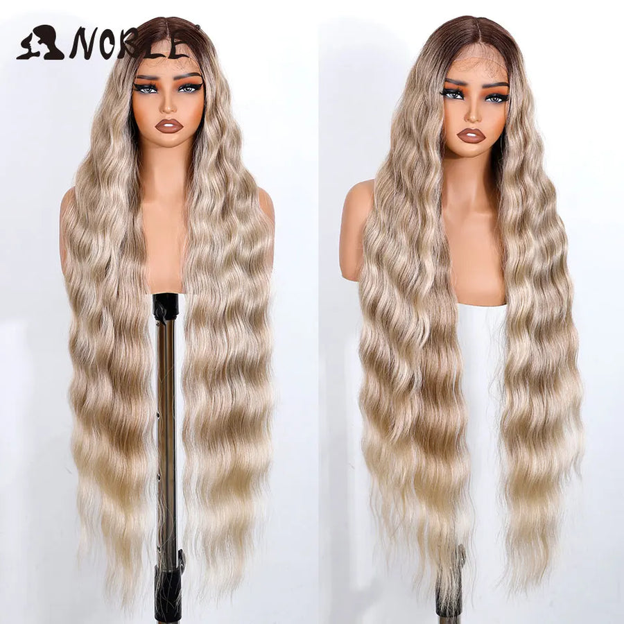 Noble Synthetic Lace Front Wig 36 " Long Wavy Lace Part Body Wavy Golden Wig For Women Lace Front Wig Ombre Blonde Cosplay Wig