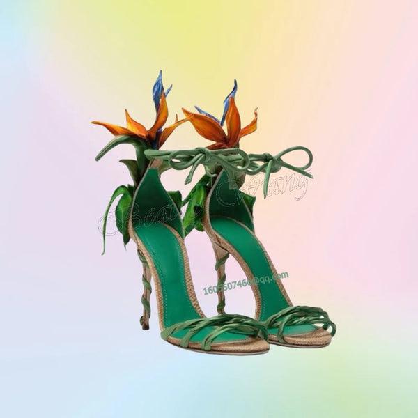 Green Front Cross Tied Sandals Back Flower Decor Mixed Color Heels Shoes Thin High Heel Shoes for Women 2025 Zapatos Para Mujere