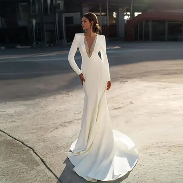 Customized Elegant White Shiny Beaded V Neck Mermaid Satin Wedding Dresses 2026 Long Sleeve Sweep Train Tulle Zipper Bridal Gown