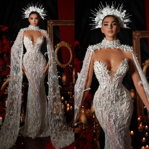 Elegant Beading Feather Wedding Dress Luxury Sequined V Neck Sequins Bridal Dress Floor Length Customized vestidos de novia