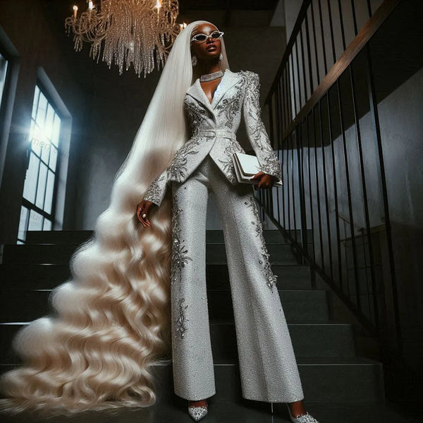 Shiny Silver Crystals Women Suit Set 2 Piece Blazer+Trousers Belt Formal Office Lady Wedding Tuxedos Customized Prom Coat Jacket