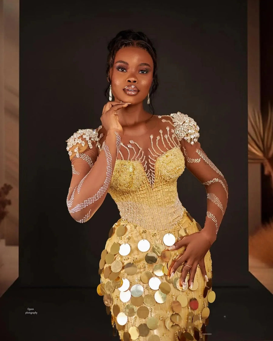 Customized  Gold Evening Dresses Sequined robe de soirée de mariage Formal Gowns With Sleeve Illusion vestidos elegantes para mu