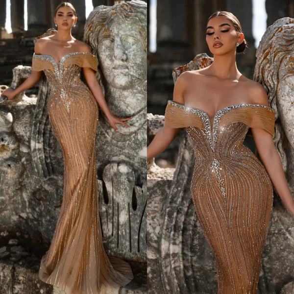 Vintage Off The Shoulder Evening Dresses Shiny Beaded Sequined Mermaid Prom Dress Customized Floor Length Lace Party Gown