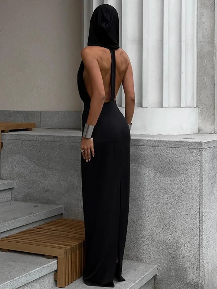 Sexy Women Black Hooded Halter Deep V Neck Maxi Dress Sleeveless Backless High Waist Mermaid Dresses Ladies Party Evening Gowns