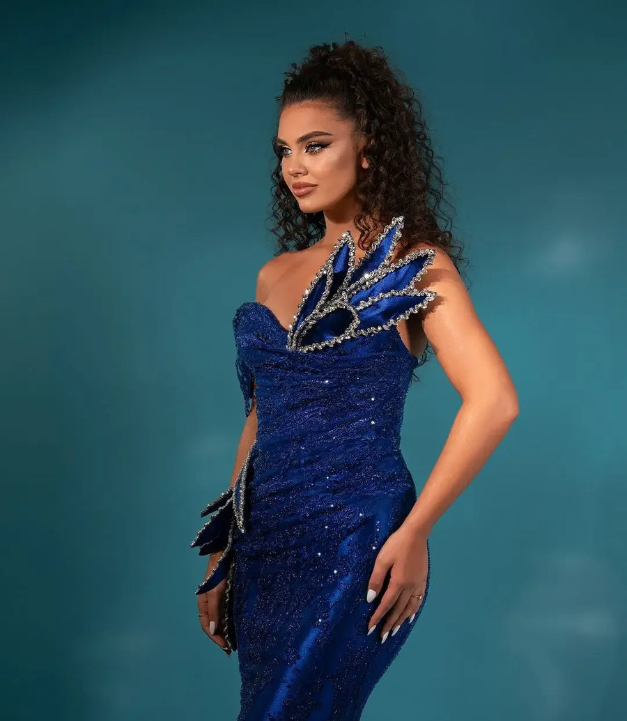 Beaded Lace Aso Ebi Formal Party Dress with 3D Finery African Wedding Reception Gown 2024 New Royal Blue Mermaid Evening Dresse
