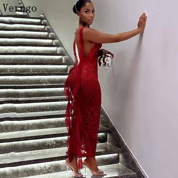 Red Lace Evening Dress Spaghetti Straps Mermaid Sexy Prom Gowns Sexy Formal Occasion Dress Customized