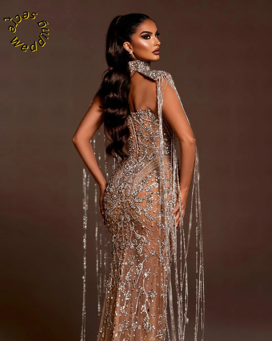 Luxury Evening Dresses Mermaid Crystals Beads Prom Dresses Backless Celebrity Party Gown Customized فساتين سهرة