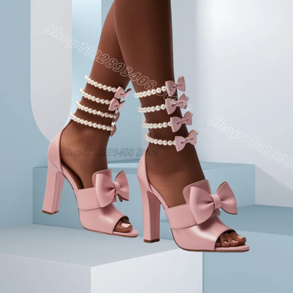 Pink Pearl Bowknot Decor Sandals Open Toe Stiletto Matte Leather Sweet Style Summer Party Dress Sandals 2025 Zapatos Para Mujere