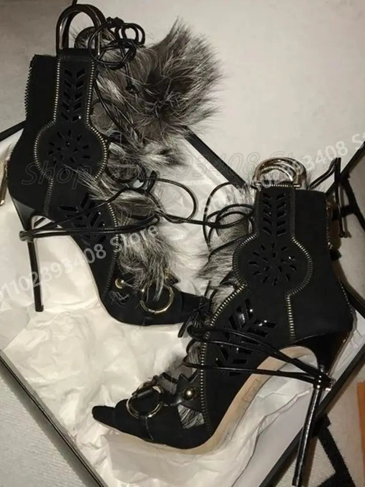 Black Feather Decor Strappy Hollow Sandals Round Ring Retro Stiletto High Heel Fashion Sexy 2025 Women Shoes Summer Para Mujere
