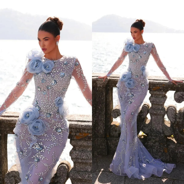 Luxury Floral Appliques Evening Dresses Customized Sexy Crystal Beaded Long Sleeve Prom Dress See Through O Neck Party Gown