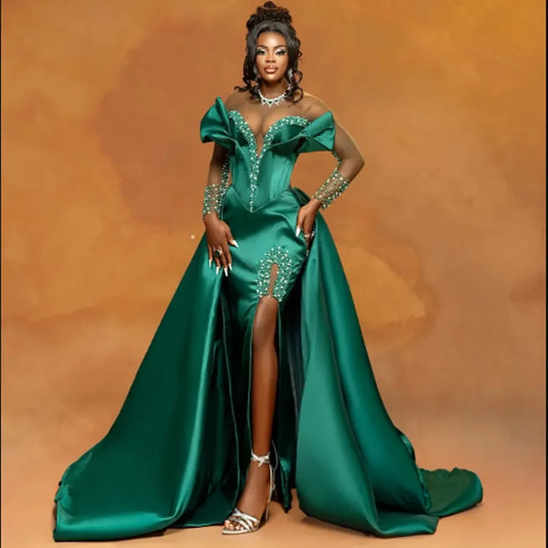 Major Pearls Beads Illusion Long Sleeves vestidos de noche High Slit Mermaid Prom Dress African Women Evening Dresses