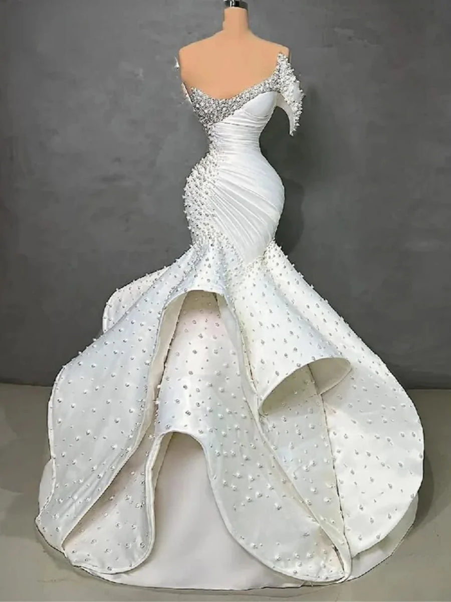 Elegant Pearl Mermaid Wedding Dress Beaded Strapless Sleeveless Luxury Bride Gowns Tiered Sweep Train Bridal Dresses Customized