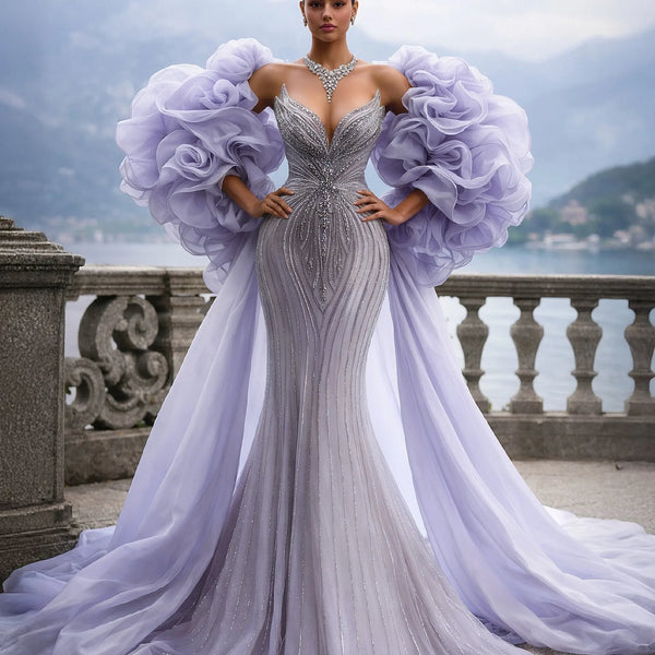 Lavender Tulle Cape with 3D Floral Shoulder, Long Train Evening Gown Cover-Up Wedding Shawl, Party Dress Overlay, Romantic Wrap