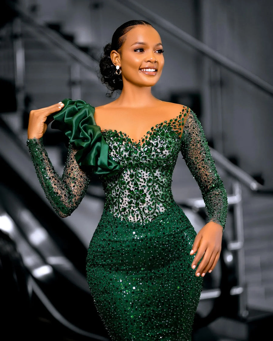 Green Sequins Lace Aso Ebi Evening Dress with Customized Sparkle Beading for Women African Wedding Reception Formal Gown