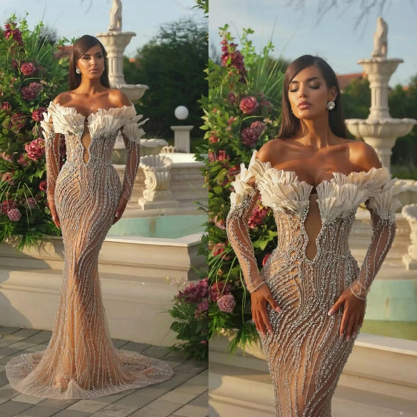 Champagne Mermaid Gown Wedding Dresses Appliques Crystal Sequins Lace Bridal Gowns Big Size Vestidos De Novia Custom Size Colour