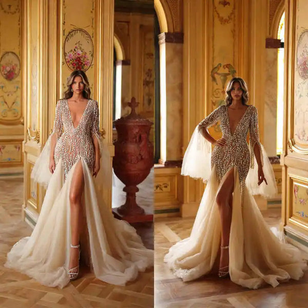 Vintage Deep V Neck Crystal Wedding Dress Sexy Crystals Beaded Bridal Dress High Slit A Line Customized vestidos de novia