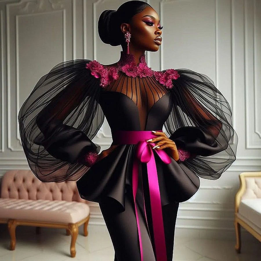 Black Mermaid Evening Dresses high Neck Handmade 3d Appliques Illusion Puffy Long Sleeves Prom Dress With Ribbon Sash Party Gown