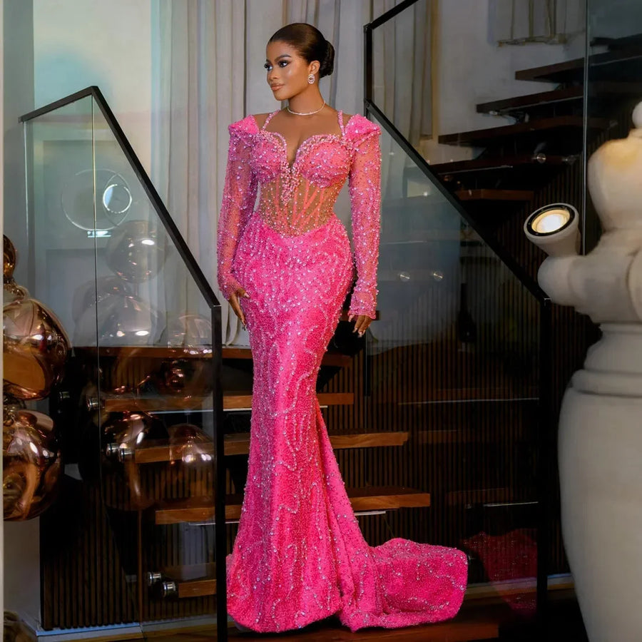 Black Women Birthday Evening Dresses Customized Aso Ebi Prom Dresses Elegant Long Sleeves Beaded Lace Sparkling Reception Gowns