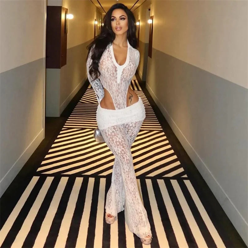 Sexy Lace See Through Birthday Woman 2 Piece Set Outfit Festival Rave Club Long Sleeve Bodysuit Top and Flare Pants Ensemble Y2K