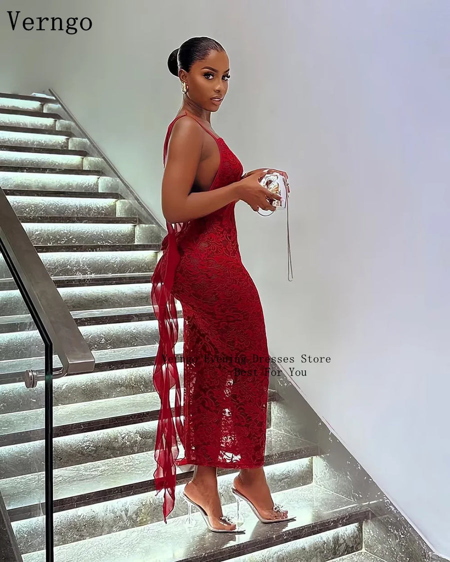 Red Lace Evening Dress Spaghetti Straps Mermaid Sexy Prom Gowns Sexy Formal Occasion Dress Customized