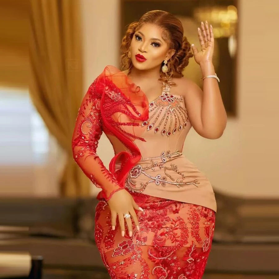 Red Prom Dresses Women Party Dress To Birthday Arabic Plus Size Cocktail Gown One Shoulder Sweetheart Beads Crystals Knee Length