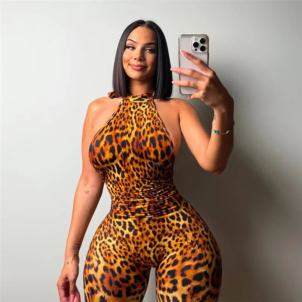 Sexy Halter Leopard Sleeveless Party Jumpsuit Rompers Women Backless Bodycon Elegant Playsuit Overalls Summer Clothing for Women