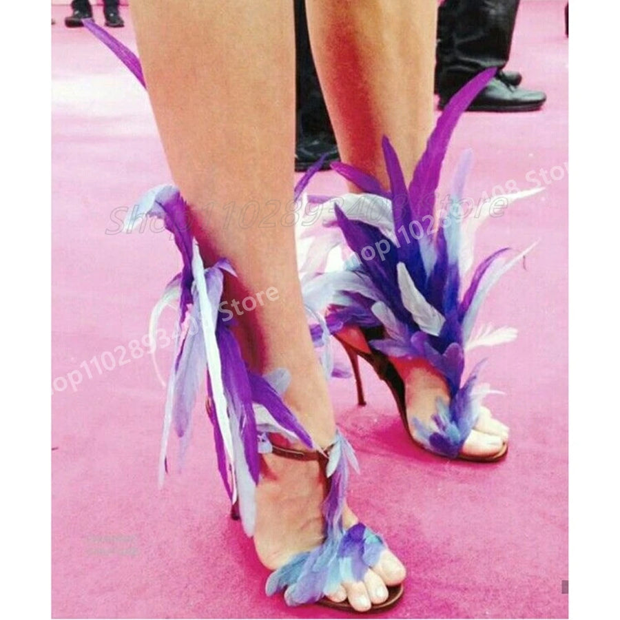 Mutilcolor Feather Decor Runway Sandals Open Toe Stiletto High Heel Hot Girls Fashion 2025 New Women Shoes Summer Para Mujere