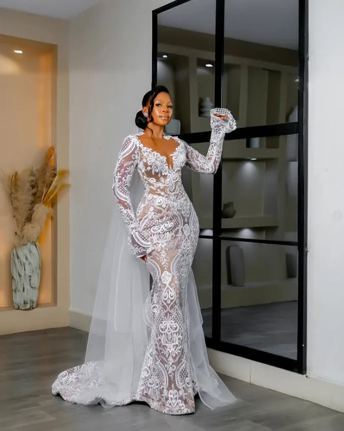 Skin Mermaid African Wedding Dresses Long Sleeve Lace Applique Customsized Garden Beach Bridal Gown Garment