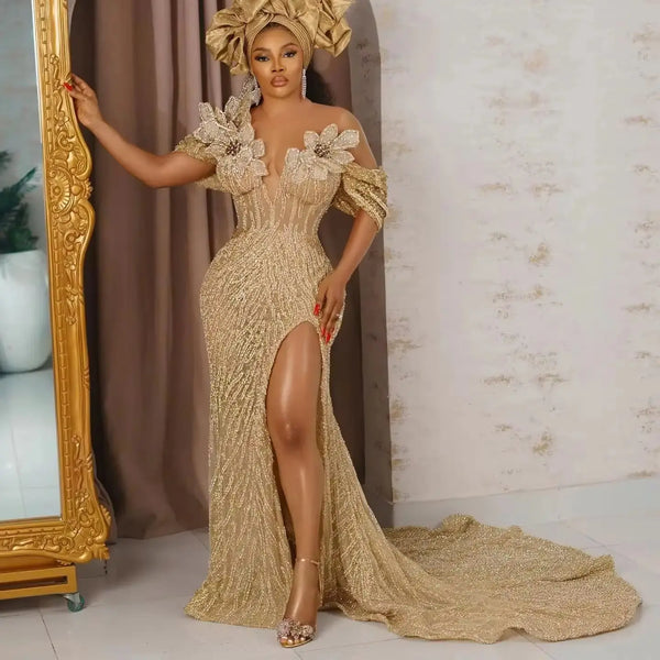 With Detachable Train Handmade 3D Flower Nigerian Wedding Reception Dress Dinner Sparkling Gold Lace Beaded African Prom Dresse