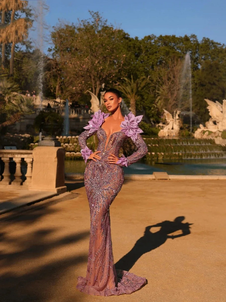 Exquisite V Neck Sequins Prom Dresses Sexy Long Sleeve Appliques Evening Dress Customized Floor Length Party Gown