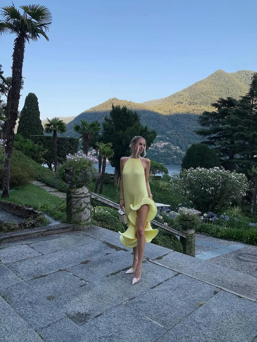 Chic Pleated Midi Prom Dresses 2025 Couture Ruched Yellow Birthday Dress Women Holiday Party Dresses Asymmetric Event Gala Gowns