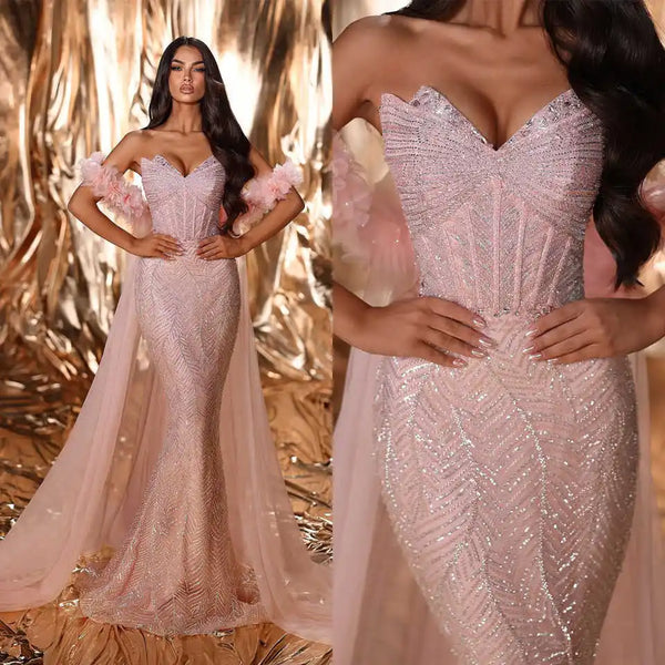 Elegant Evening Dresses Mermaid Strapless Beads Sequins Sleeveless Prom Gowns Party Dress Sweep Train Customized Robe De Soirée