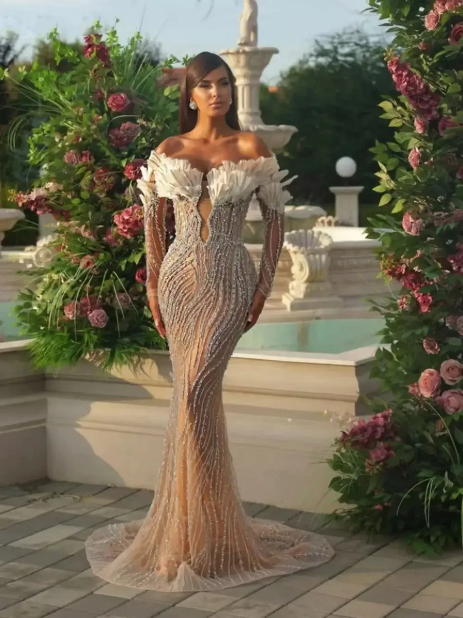 Champagne Mermaid Gown Wedding Dresses Appliques Crystal Sequins Lace Bridal Gowns Big Size Vestidos De Novia Custom Size Colour