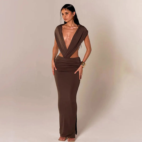 Sexy Halter Backless Women Maxi Split Dress Party Club Hollow Elegant Outfits Summer V Neck Sleeveless Bodycon Ruched Dresses