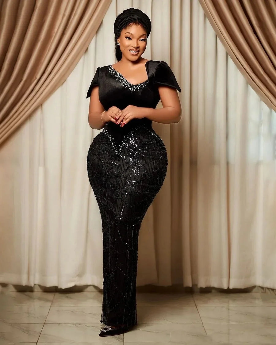 Elegant Black Sequin Evening Dresses Plus Size robe de soirée de mariage Long Formal Dress with Sleeve  Prom Gowns Sheath
