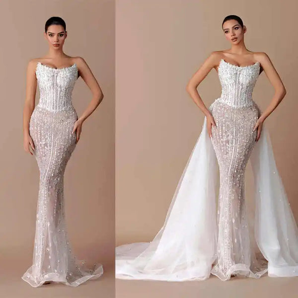 Sexy Strapless Wedding Dress Elegant Sleeveless Illusion Mermaid Bridal Gown Fashion Corset Sequined Bride Dresses Customized