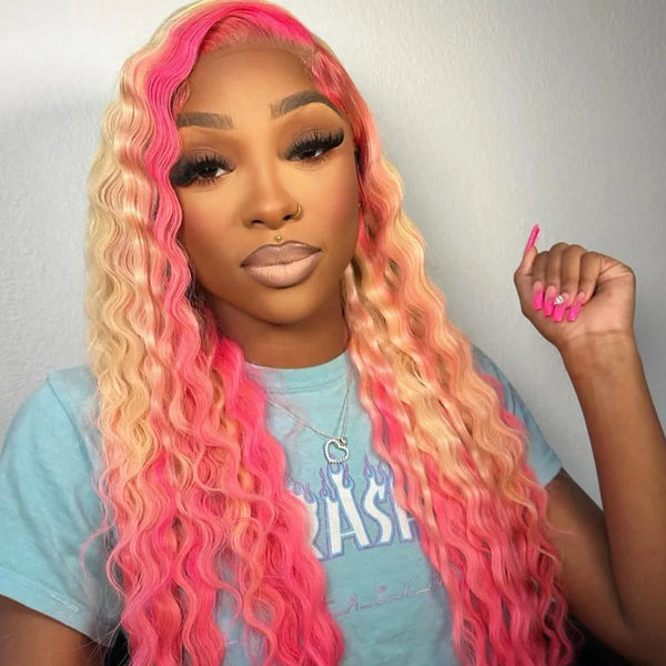 Pink Highlight 13x6 Lace Front Wig Pre Plucked Deep Wave Colored Human Hair Wigs Transparent Peruvian Remy Hair For Black Women