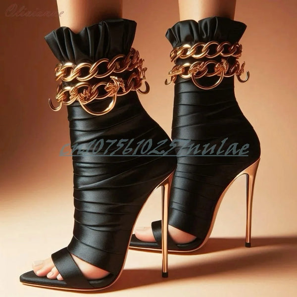 Black Ankle Metal Chain Strap Pumps Open Toe Stiletto High Heel Runway Party Fashion Sexy Women Shoes 2026 Zapatos Para Mujere