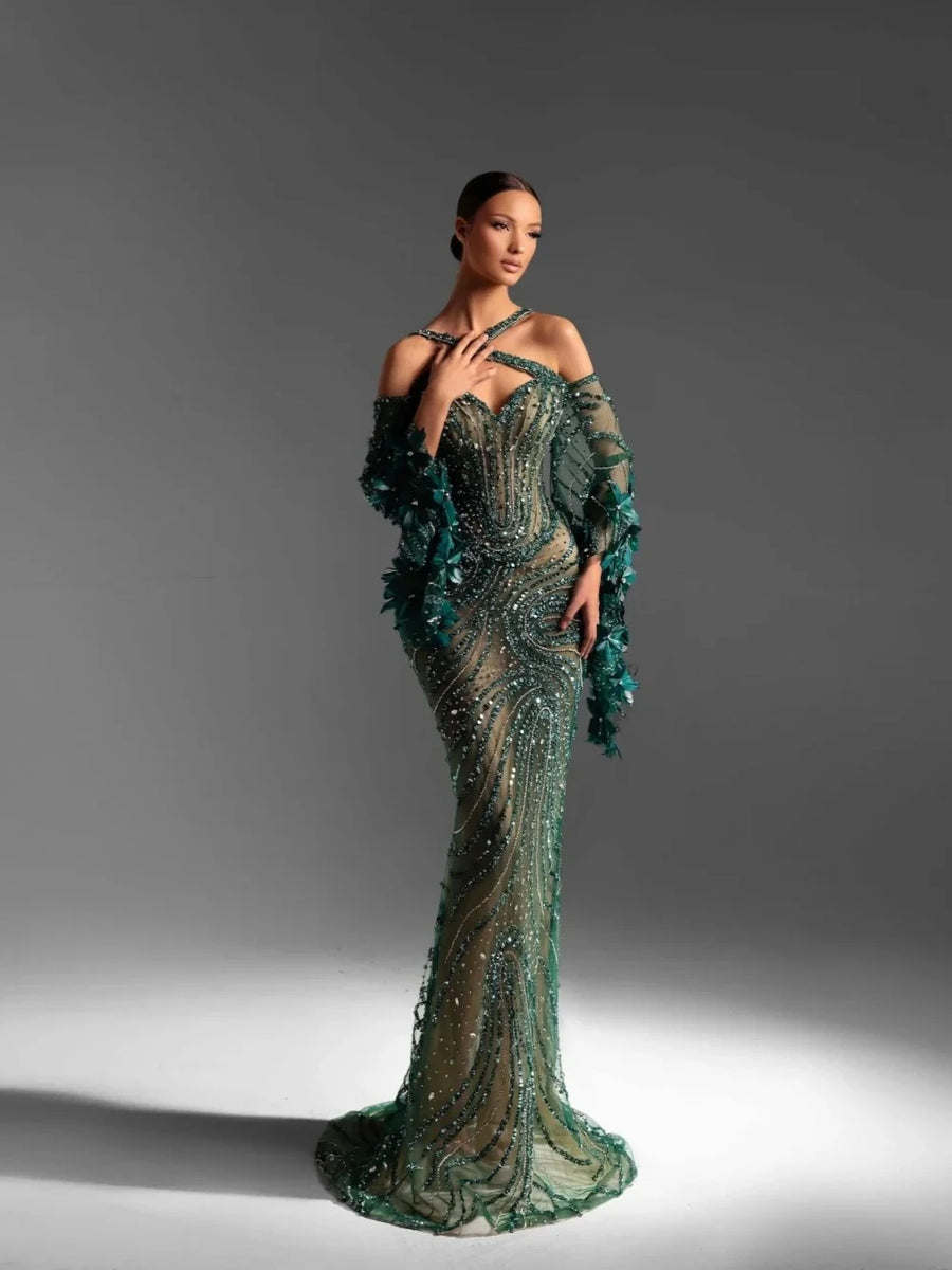 Luxury Beading Sequined Prom Dresses Elegant Flare Sleeve Appliques Evening Dress Floor Length Lace Party Gown Customized