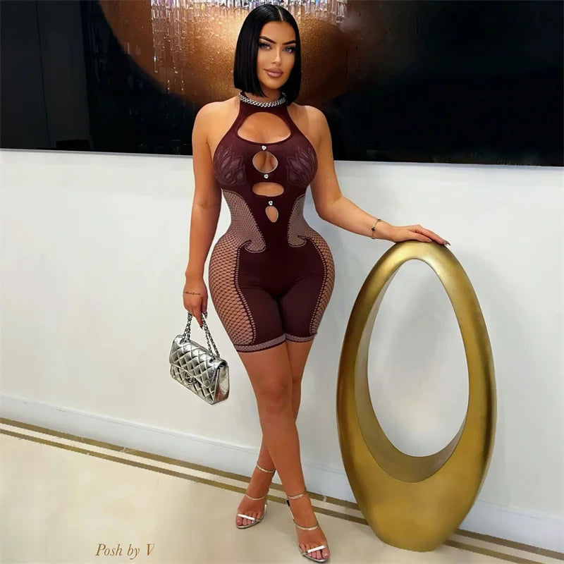 Sexy Halter Backless Party Romper Jumpsuit Women Playsuit Nightclub Hollow Out See Through Mesh Patchwork Slim One Piece Outfits