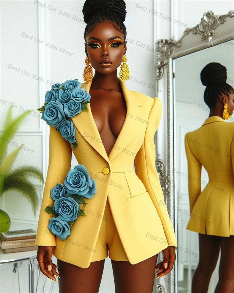 Blue Yellow Women Suit Set 2 Pcs Blazer+Short Pants Autumn 3D Flower Formal Office Lady Jacket Customized Wedding Tuxedos